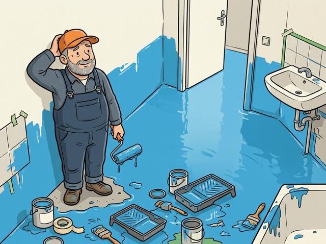 Ein Heimwerker hat das ganze Bad so begeistert abgedichtet, dass er sich selbst in einer leuchtend blauen Ecke eingepinselt hat und nun auf die Trocknung wartet.