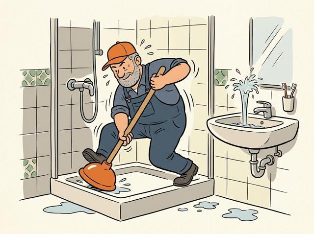 Heimwerker kämpft mit vollem Körpereinsatz und einem riesigen Pümpel am Duschabfluss, während aus dem Waschbecken nebenan eine kleine Fontäne aufsteigt.