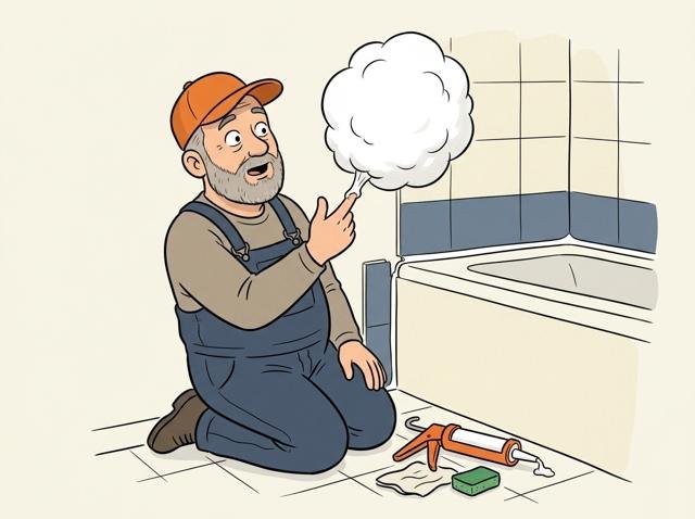 Heimwerker zieht eine perfekt glatte Acrylfuge mit dem Finger, nur dass sein Finger danach aussieht wie eine dicke weiße Zuckerwatte.