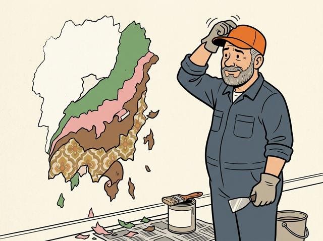 Heimwerker hat mit Abbeizer fast alles freigelegt, und unter der letzten weißen Schicht kommen nacheinander grün, rosa, braun und ein Stück Tapete zum Vorschein.