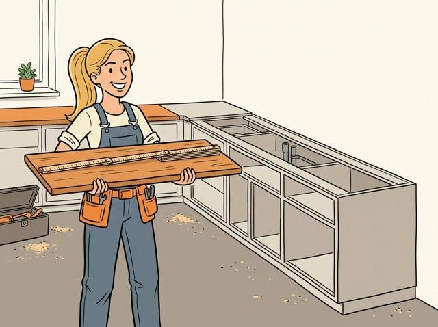 Heimwerker hält stolz die frisch zugeschnittene Arbeitsplatte hoch, die genau so lang ist wie sein Zollstock – nur leider ein Stück kürzer als die Küche.