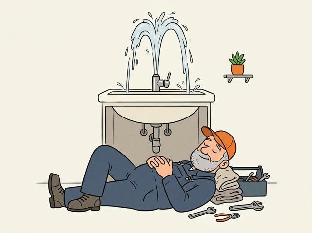 Heimwerker liegt zufrieden unter dem Waschbecken, während oben die frisch montierte Armatur wie ein Springbrunnen fröhlich die Decke anspritzt.