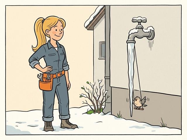 Heimwerker steht im Winter vor dem Haus, aus dem Außenwasserhahn hängt ein meterlanger Eiszapfen, an dem ein Vogel fröhlich schaukelt.