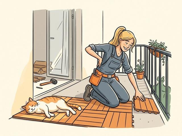 Heimwerkerin legt die letzte Klickfliese auf dem Balkon und streckt sich zufrieden – die Katze hat sich sofort auf die erste fertige Fliese in die Sonne gelegt und beansprucht den Balkon für sich.