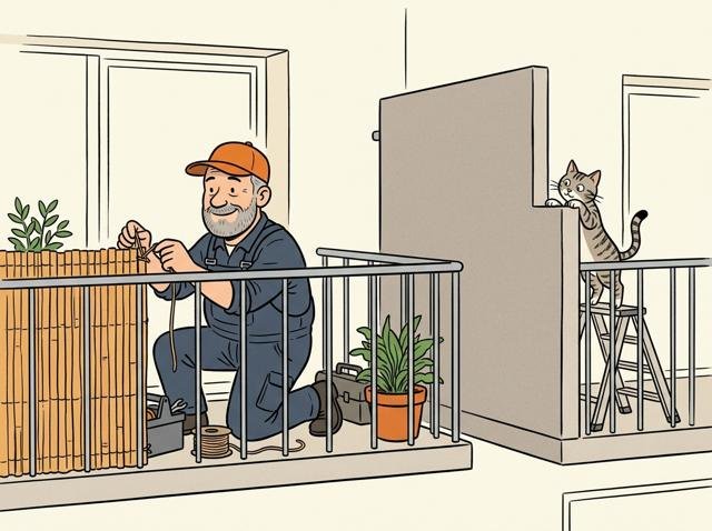 Heimwerker spannt stolz einen Sichtschutz an seinem Balkongeländer – über den Rand lugt neugierig die Nachbarskatze, die sich auf eine kleine Leiter gestellt hat.