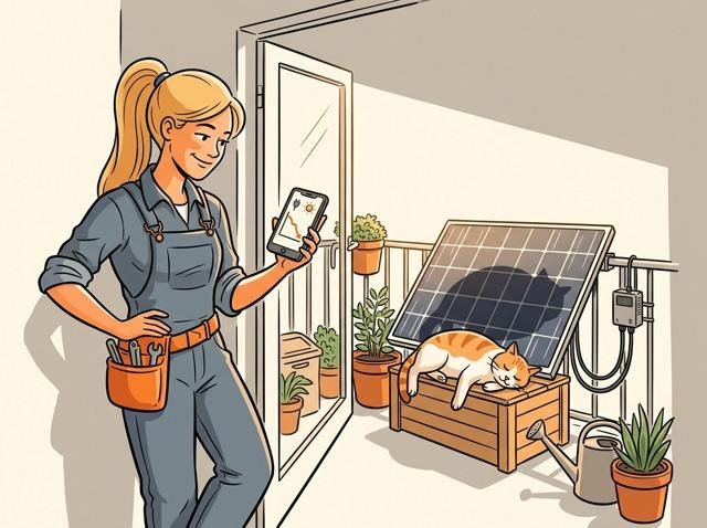 Heimwerkerin schaut begeistert auf die Strom-App ihres Balkonkraftwerks – auf dem Balkon hat sich die Katze ausgerechnet genau vor das Solarmodul in die Sonne gelegt und wirft einen dicken Schatten.