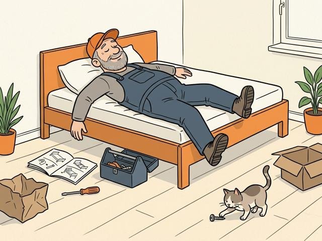 Heimwerker hat das Bett fertig aufgebaut und lässt sich zufrieden rückwärts hineinfallen – auf dem Boden liegt noch eine einzelne Schraube, die die Katze neugierig mit der Pfote anstupst.