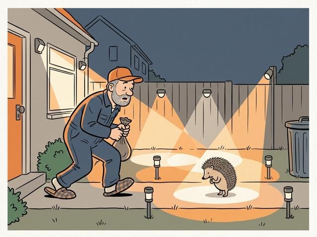 Heimwerker schleicht nachts in Pantoffeln durch den Garten zur Mülltonne, und überall gehen nacheinander kleine Leuchten an wie bei einem Bühnenauftritt – ein Igel auf dem Weg verbeugt sich im Lichtkegel.
