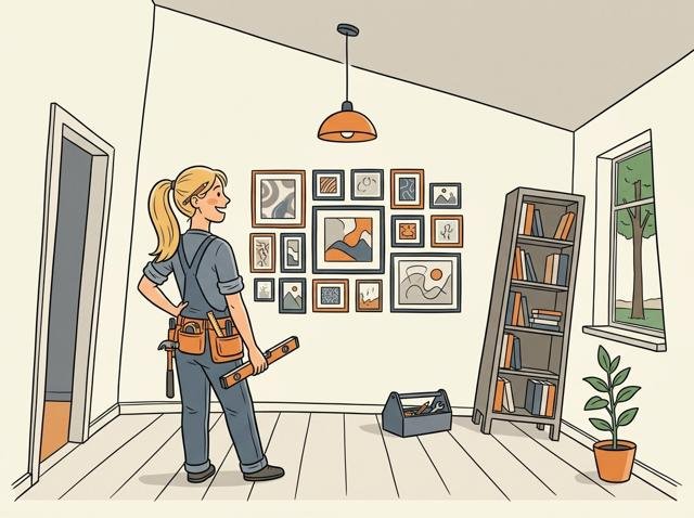 Heimwerkerin tritt zufrieden einen Schritt zurück – die ganze Bilderwand hängt perfekt gerade, nur das Haus selbst steht leicht schief.