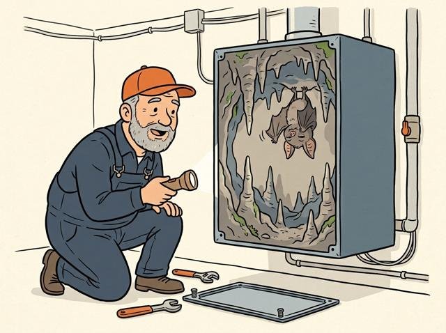 Heimwerker schaut in den geöffneten Boiler und findet darin eine Tropfsteinhöhle samt kleiner Fledermaus, die verschlafen zurückwinkt.