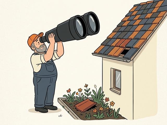 Heimwerker sucht mit einem riesigen Fernglas das Dach ab, während der verrutschte Ziegel direkt neben ihm im Blumenbeet liegt.