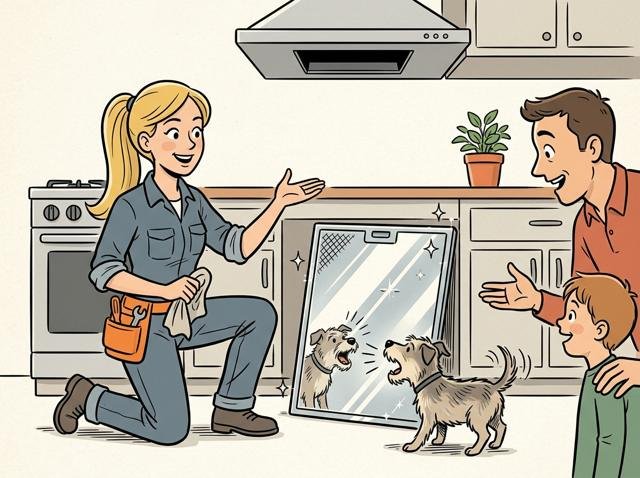Eine Familie bestaunt den frisch gereinigten Fettfilter, der so glänzt, dass sich der Hund darin selbst anbellt.