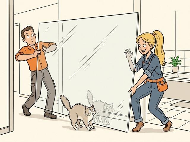Zwei Leute tragen eine riesige Glasscheibe so vorsichtig ins Bad, als wäre sie eine Torte, während die Katze sich darin spiegelt und erschrickt.