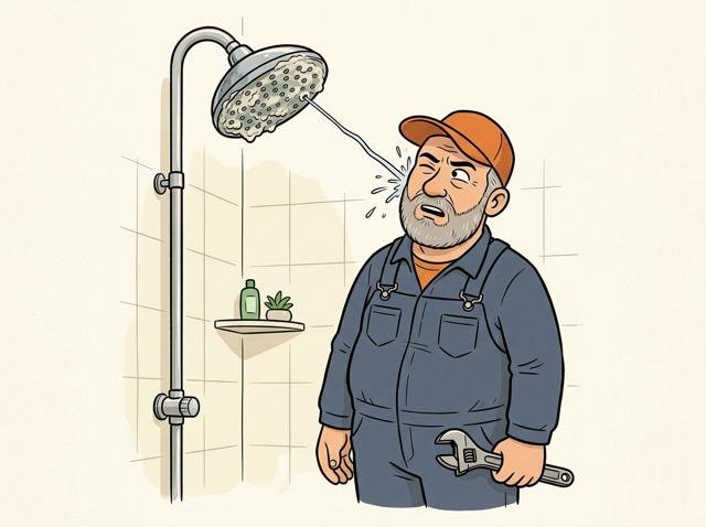 Unter der Dusche steht jemand und wird von einem einzigen dünnen Wasserstrahl seitlich am Ohr getroffen, während alle anderen Düsen völlig verkalkt sind.