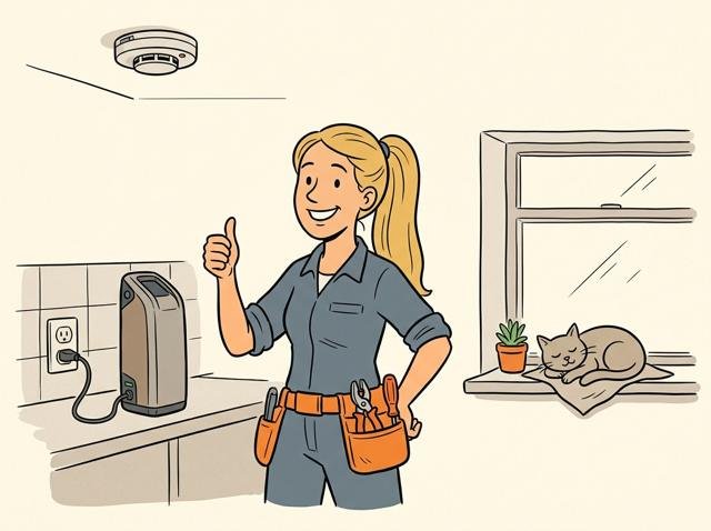 Heimwerkerin lädt den E-Bike-Akku auf einer gefliesten Ablage, an der Decke darüber hängt ein Rauchmelder und reckt den Daumen hoch – die Katze liegt zufrieden auf dem Fensterbrett gegenüber statt auf dem Akku.