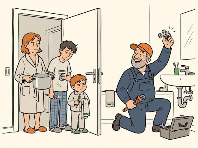 Heimwerker hält stolz ein abgeschraubtes Eckventil in die Luft, während der ganze Haushalt mit leeren Kochtöpfen und Zahnbürsten ungeduldig an der Badtür wartet.