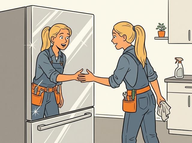 Der frisch polierte Edelstahl-Kühlschrank spiegelt so perfekt, dass der Hausherr sich erschrickt und seiner eigenen Spiegelung höflich die Hand gibt.