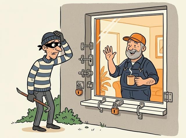 Ein schmächtiger Einbrecher mit Ringelpulli, Augenmaske und schwarzer Mütze steht ratlos mit seinem Brecheisen vor einem Fenster mit Zusatzschlössern – drinnen winkt der Heimwerker freundlich mit einer Tasse Tee.