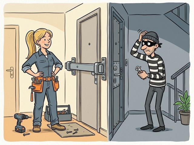 Heimwerkerin steht zufrieden vor ihrer Wohnungstür mit Schutzbeschlag und Querriegel – im Hintergrund versucht ein schmächtiger Einbrecher mit Ringelpulli und Augenmaske es mit einem Dosenöffner und kratzt sich verlegen am Kopf.
