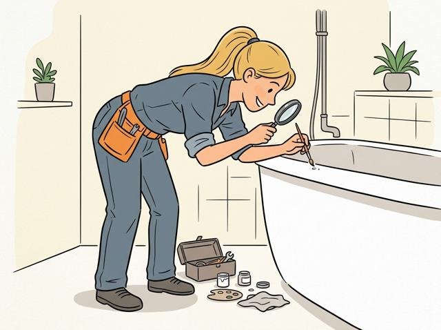 Ein Heimwerker beugt sich mit Lupe und Mini-Pinsel über eine winzige Macke in einer riesigen Badewanne, als würde er ein Gemälde restaurieren.
