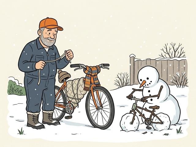 Heimwerker hat sein Fahrrad liebevoll für den Winter eingepackt, mit Schal um den Lenker und Mütze auf dem Sattel – daneben baut ein Schneemann gerade an seinem eigenen kleinen Fahrrad.