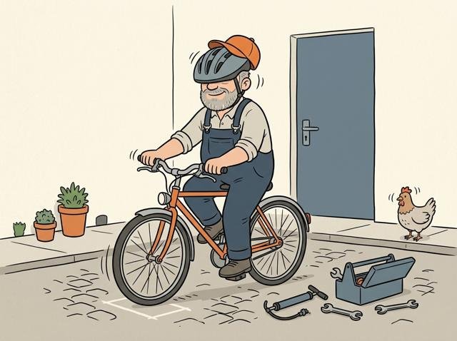 Heimwerker testet nach dem Einstellen die Bremse langsam auf dem Hof und hält punktgenau an – nur der Fahrradhelm rutscht ihm gemütlich über die Augen, während ein Huhn am Rand anerkennend nickt.