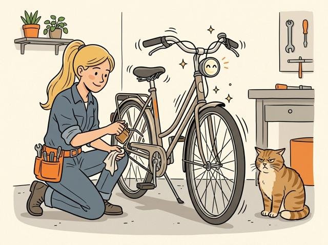 Heimwerkerin ölt sorgfältig die Fahrradkette – das Fahrrad schnurrt dabei sichtlich zufrieden wie eine Katze, während die echte Katze daneben eifersüchtig zuschaut.