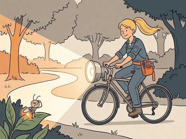 Heimwerkerin radelt abends mit hellem Scheinwerfer durch den Park – ein Glühwürmchen am Wegrand hält sich geblendet die Hand vor die Augen und sieht etwas neidisch aus.