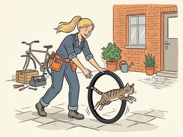 Heimwerkerin rollt stolz einen nagelneuen Fahrradreifen wie einen Hula-Hoop-Reifen über den Hof – die Katze springt begeistert hindurch wie im Zirkus.