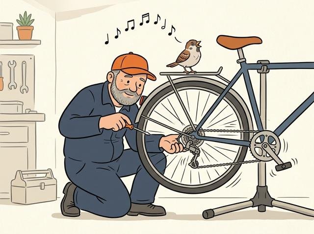Heimwerker dreht konzentriert an der Einstellschraube, während die Kette perfekt von Ritzel zu Ritzel springt – auf dem Gepäckträger sitzt ein Spatz und pfeift bei jedem Gangwechsel eine höhere Note.
