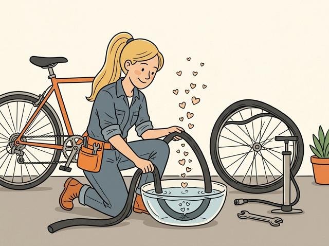 Radfahrerin taucht den Schlauch in eine Wasserschüssel, um das Loch zu finden – und aus dem Wasser steigen fröhliche Luftblasen in Herzform auf.