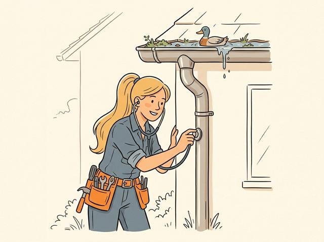 Heimwerker horcht wie ein Arzt mit dem Stethoskop am Fallrohr, während oben aus der übervollen Rinne eine Ente gemütlich ihre Runden schwimmt.