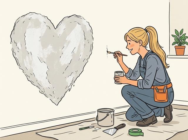 Heimwerker hat einen winzigen Riss liebevoll zugespachtelt und malt ihn sorgfältig nach – neben ihm hat die Wand einen großen, kunstvoll verspachtelten Flicken in Form eines Herzens bekommen.