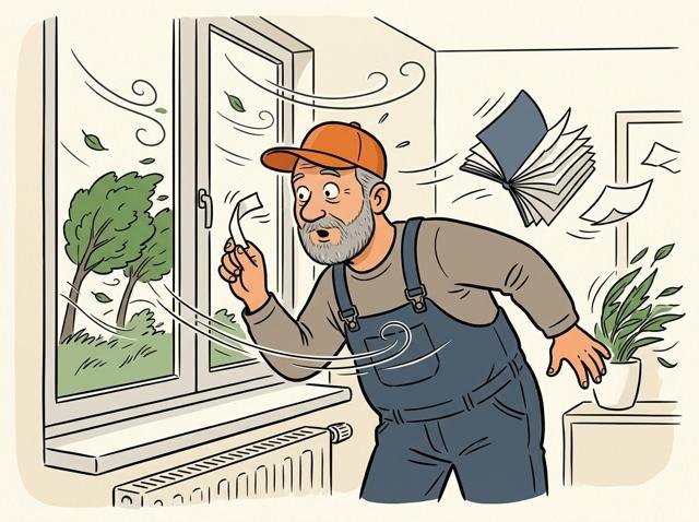 Heimwerker prüft mit einem Papierstreifen die Fensterdichtung, während draußen der Wind so stark weht, dass ihm das ganze Notizbuch davonflattert.