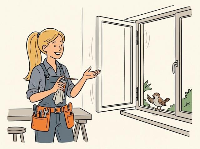 Heimwerkerin hat die Fensterbeschläge so gut geschmiert, dass der Flügel von selbst sanft aufschwingt und ein überraschter Vogel auf dem Fensterbrett höflich hereingrüßt.