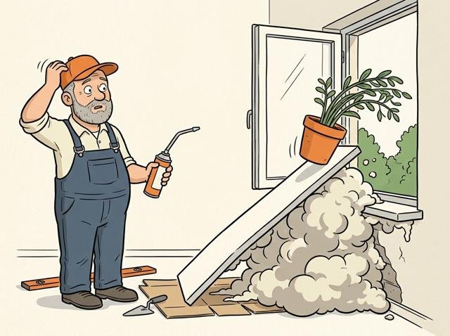 Die neue Fensterbank hebt sich durch zu viel Montageschaum langsam wie ein Sprungbrett, und die Zimmerpflanze darauf schaut erwartungsvoll nach draußen.