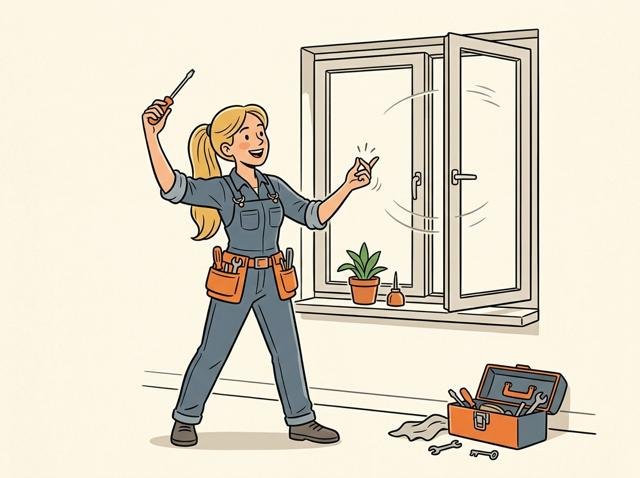 Heimwerker hat das Fenster so perfekt eingestellt, dass es auf einen Fingerschnipser hin zufällt – und nun steht er wie ein Dirigent davor und lässt es immer wieder auf- und zugehen.