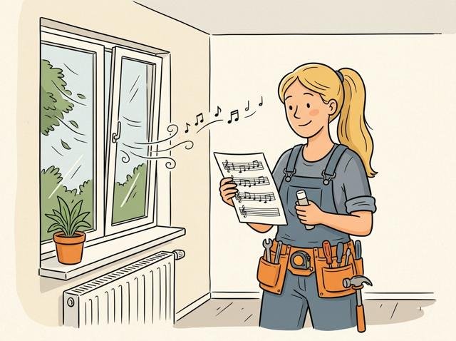 Ein Fenster pfeift bei Wind eine kleine Melodie, während der Besitzer mit Pflegestift und Notenblatt danebensteht und überlegt, ob er es behalten soll.