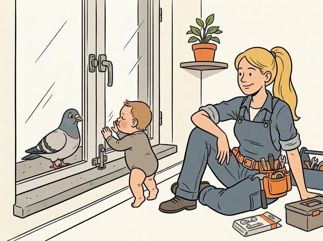 Ein Kleinkind steht neugierig auf Zehenspitzen vor einem gesicherten Fenster und drückt die Nase an die Scheibe – die Heimwerkerin sitzt entspannt daneben, und draußen drückt eine Taube von der anderen Seite ihren Schnabel an die Scheibe.