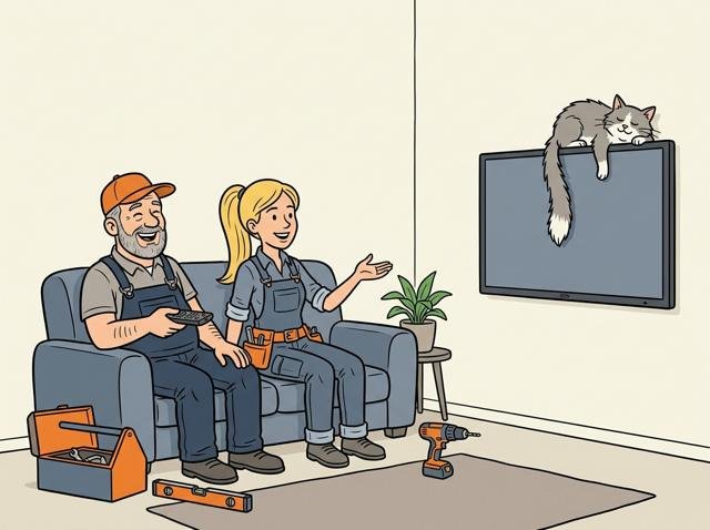 Heimwerker und Heimwerkerin haben den Fernseher perfekt an die Wand gehängt und machen es sich auf dem Sofa gemütlich – nur die Katze hat sich oben auf den Fernseher gelegt und lässt den Schwanz mitten übers Bild baumeln.