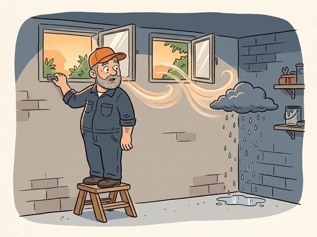 Hausbesitzer öffnet an einem schwülen Sommertag alle Kellerfenster, und die warme Luft schlägt sich sofort als kleine Regenwolke an der kühlen Kellerwand nieder.