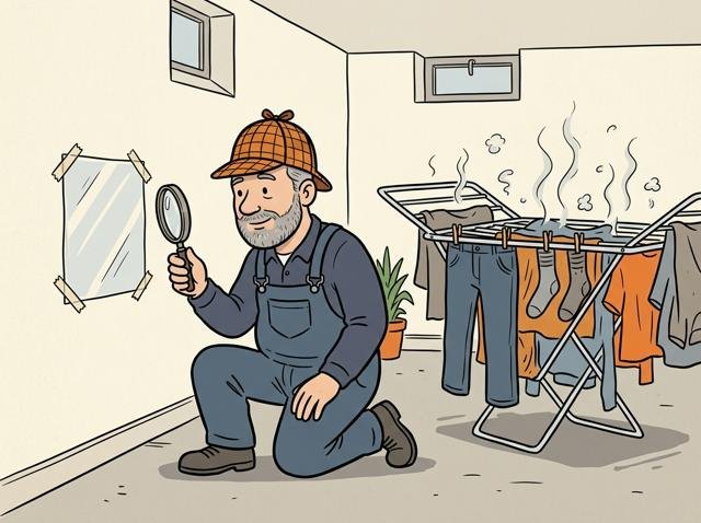 Hobby-Detektiv mit Lupe und Deerstalker-Mütze kniet vor einem Stück Folie an der Wand, während daneben der Wäscheständer im Raum vor sich hin dampft.