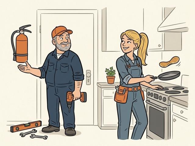 Heimwerker hat einen Feuerlöscher gut sichtbar neben der Küchentür aufgehängt und zeigt stolz darauf – am Herd hinter ihm wendet die Heimwerkerin gerade ganz entspannt einen Pfannkuchen in der Pfanne.