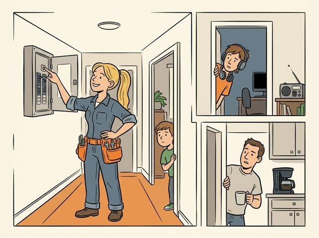 Heimwerkerin drückt feierlich die kleine Prüftaste, und im ganzen Haus gehen gleichzeitig Radio, Computer und Kaffeemaschine aus – die Familie schaut aus allen Türen.