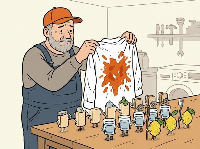 Eine Person hält ein weißes Hemd mit einem riesigen Tomatensoßenfleck hoch, während eine kleine Armee aus Gallseife, Wasserglas und Zitrone in Reih und Glied antritt.