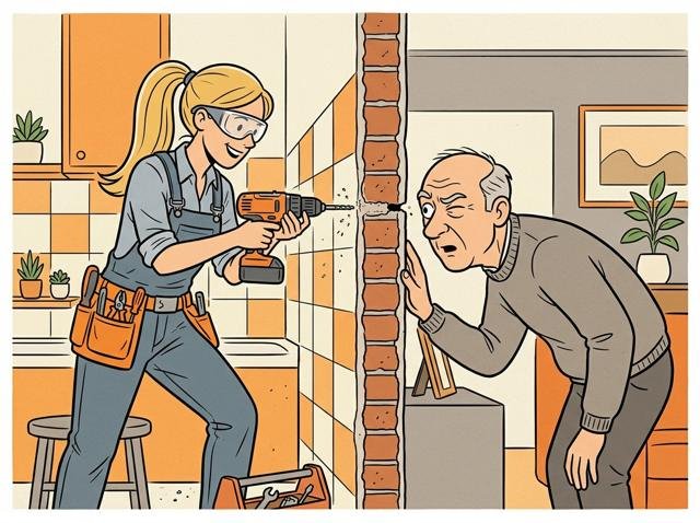 Heimwerker bohrt hochkonzentriert mit Schutzbrille in eine Fliese, während auf der Rückseite der Wand der Nachbar neugierig durch ein winziges Loch schaut.
