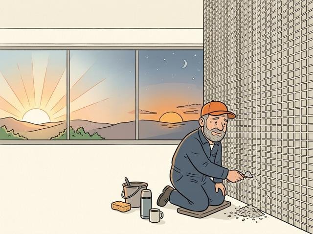 Heimwerker kniet seit Stunden vor einer riesigen Fliesenwand mit Fugenkratzer, hinter ihm ein Sonnenaufgang und ein Sonnenuntergang zugleich als Zeichen der vergangenen Zeit.