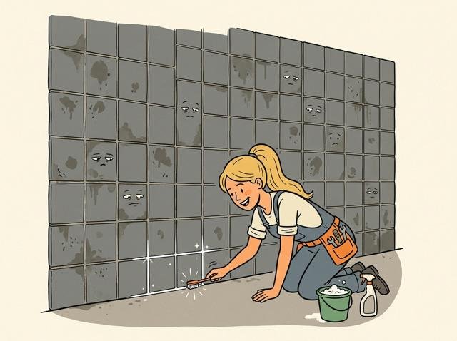 Eine Person schrubbt mit einer winzigen Zahnbürste begeistert eine einzige Fuge strahlend weiß, während die restliche Wand dahinter grau zuschaut.