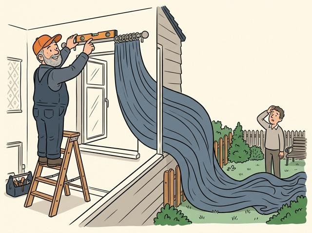 Heimwerker steht auf der Leiter und hält die Gardinenstange perfekt waagerecht – nur hängt der Vorhang auf der anderen Seite schon bis in den Nachbargarten.