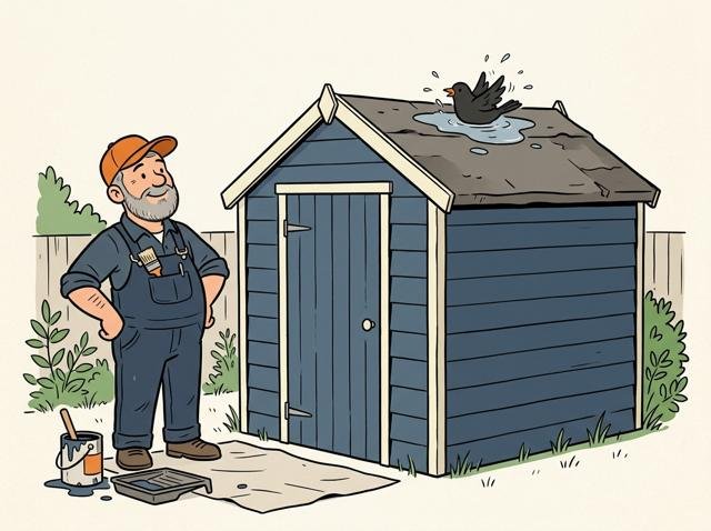 Heimwerker hat das Gartenhaus wunderschön gestrichen und steht stolz davor, während oben auf dem Dach eine Amsel gemütlich in einer Pfütze auf der alten Dachpappe badet.